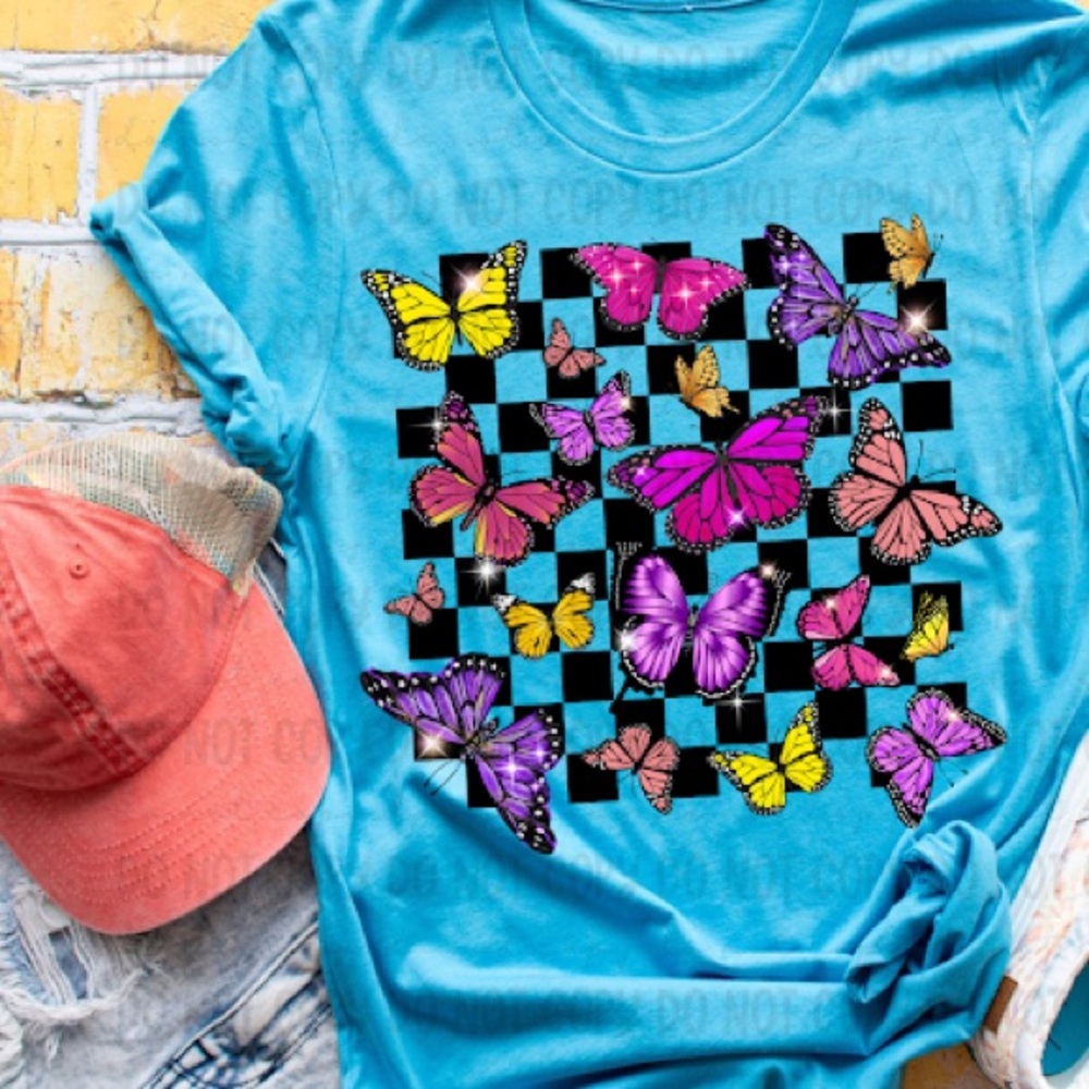 Kids Butterfly Tee Neon Blue Multicolor Bella Canvas Small-XL